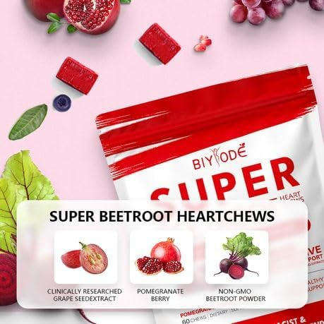 BIYODE Beet Chews, Super Beet Hearts, Nitric Oxide Support Soft Beet Hearts Chewable, Grape Seed Ext