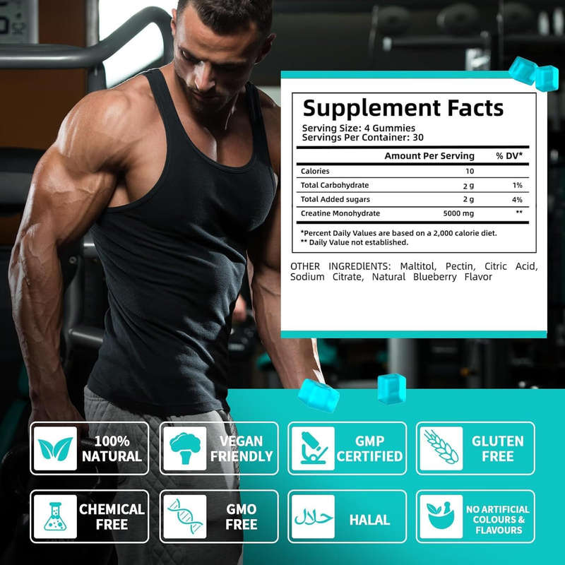 Creatine Monohydrate Gummies for Men Women Growth Muscle Enhance Workout Recovery Low Calorie