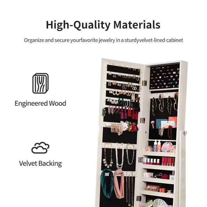 Elegant jewelry storage cabinet with full length mirror ( Brown and White)