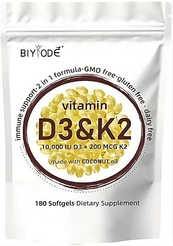 BIYODE Vitamin D3 10000 iu Plus K2 (MK-7) 200 mcg, 180 Virgin Coconut Oil Softgels | 2 in 1 Vitamins