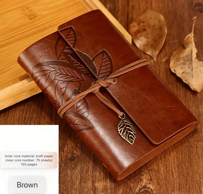 Vintage Leaf Embossed Journal with Wrap Closure - Brown