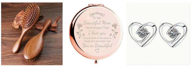 Sandalwood Hair Brush Rose Gold Makeup Mirror and Earrings