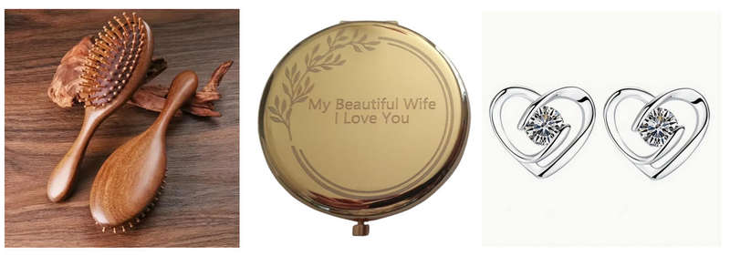 Sandalwood Hair Brush Gold Makeup Mirror and Earrings