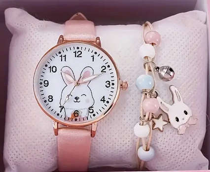 Bunny Watch and Bracelet Set - Pink and White