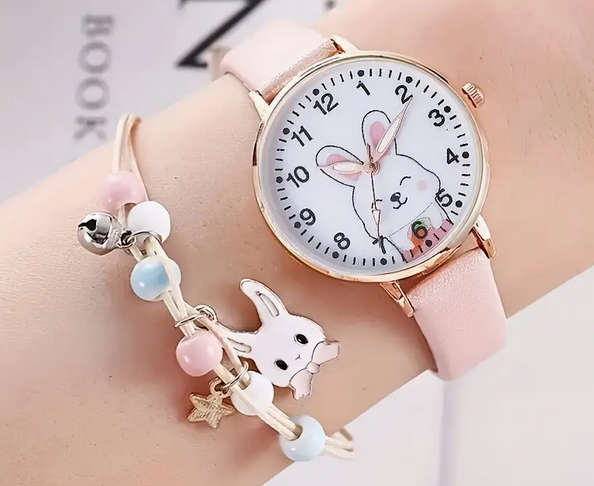 Bunny Watch and Bracelet Set - Pink and White