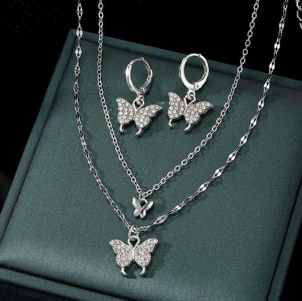 Butterfly Watch Necklace and Earring Jewellery Set