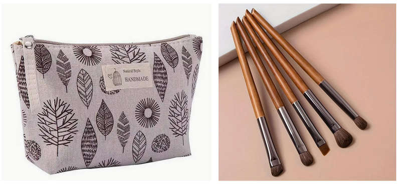 Canvas Makeup Bag and 5 PCS Birchwood Makeup Brush Set