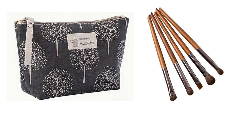 Canvas Makeup Bag and 5 PCS Birchwood Makeup Brush Set