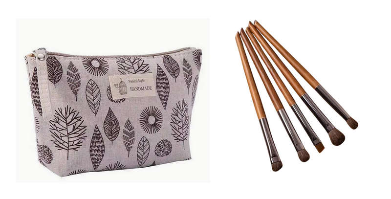 Canvas Makeup Bag and 5 PCS Birchwood Makeup Brush Set