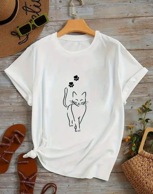 Cat and Paw Print Crew Neck T-Shirt - Large