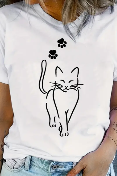 Cat and Paw Print Crew Neck T-Shirt - Large