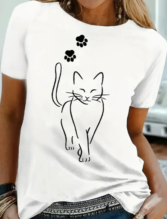 Cat and Paw Print Crew Neck T-Shirt - Large
