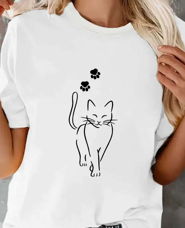 Cat and Paw Print Crew Neck T-Shirt - Large