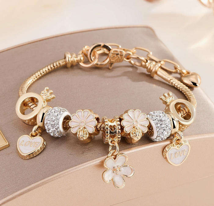 Charm Bracelet with Flower and Heart Pendants