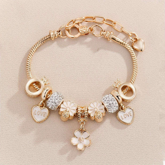 Charm Bracelet with Flower and Heart Pendants