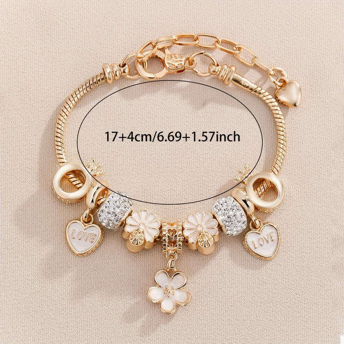 Charm Bracelet with Flower and Heart Pendants