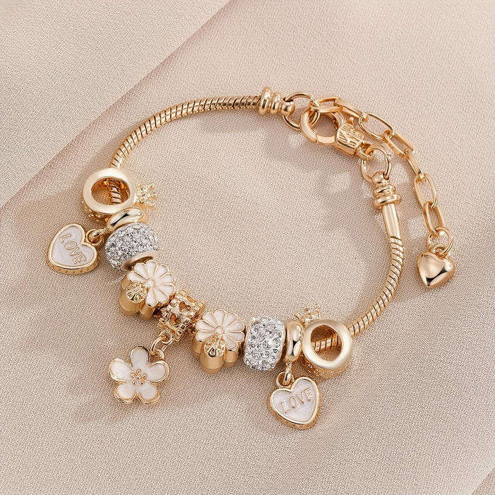 Charm Bracelet with Flower and Heart Pendants