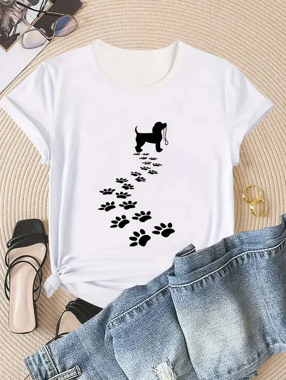 Dog and Paw Print Crew Neck T-Shirt - Large