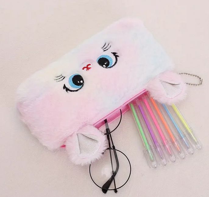 Plush Pencil Case, Pastel Koki Pens and Notebook Set