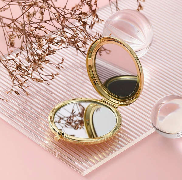 Sandalwood Hair Brush Engraved Gold Makeup Mirror and Earrings