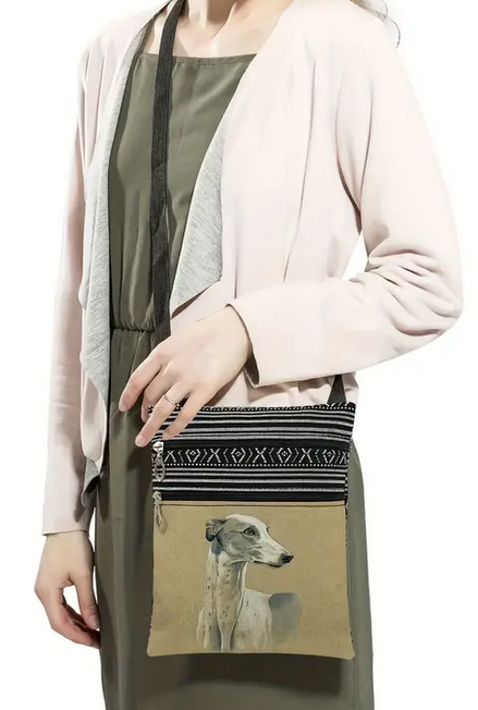 Beautiful Greyhound Design Canvas like print Cross body Bag with adjustable strap