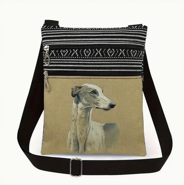 Beautiful Greyhound Design Canvas like print Cross body Bag with adjustable strap