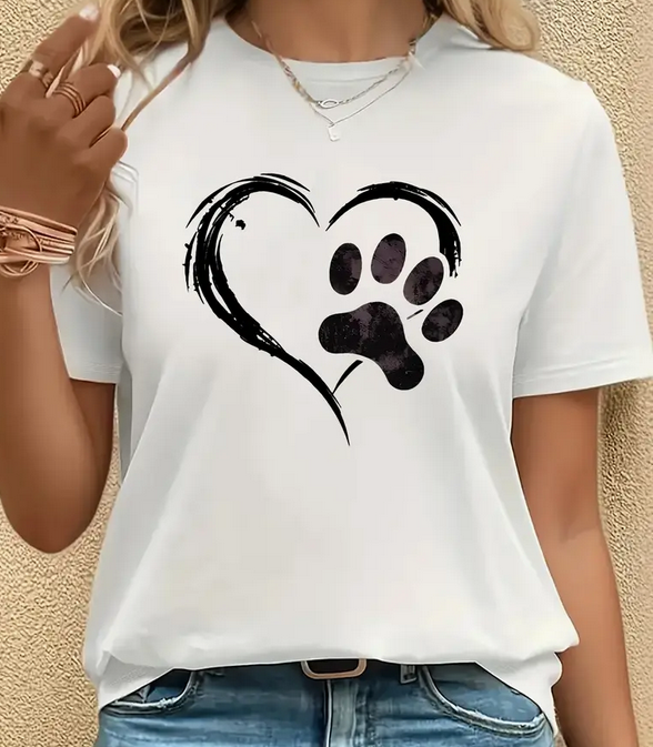 Heart and Paw Print Crew Neck T-Shirt - Large