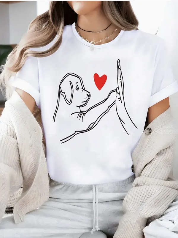 High Five Dog and Heart Print Crew Neck T-Shirt - Medium