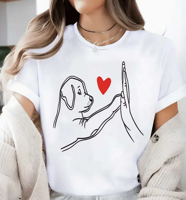 High Five Dog and Heart Print Crew Neck T-Shirt - Medium