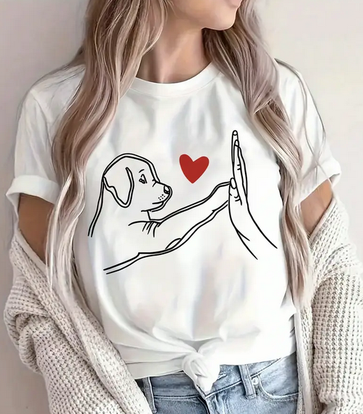 Beautiful High Five and Heart Pattern Ladies Crew Neck T-Shirt Colour White Size Large