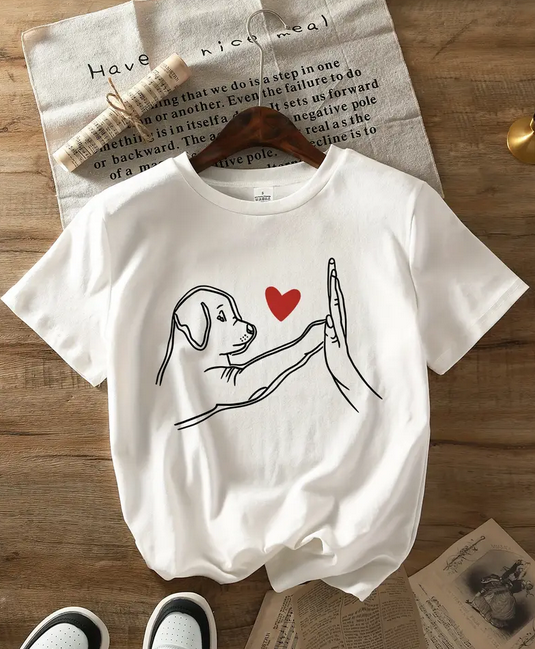 High Five Dog and Heart Print Crew Neck T-Shirt - Medium