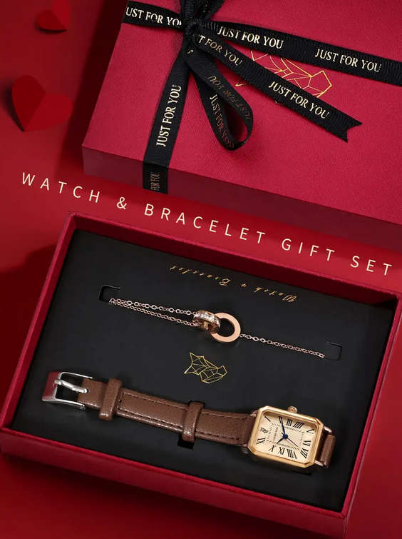 Vintage Style Watch and Bracelet Gift Set - Brown and Rose Gold