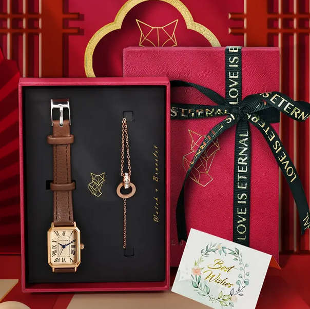 Vintage Style Watch and Bracelet Gift Set - Brown and Rose Gold