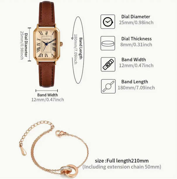 Vintage Style Watch and Bracelet Gift Set - Brown and Rose Gold