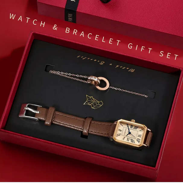 Vintage Style Watch and Bracelet Gift Set - Brown and Rose Gold