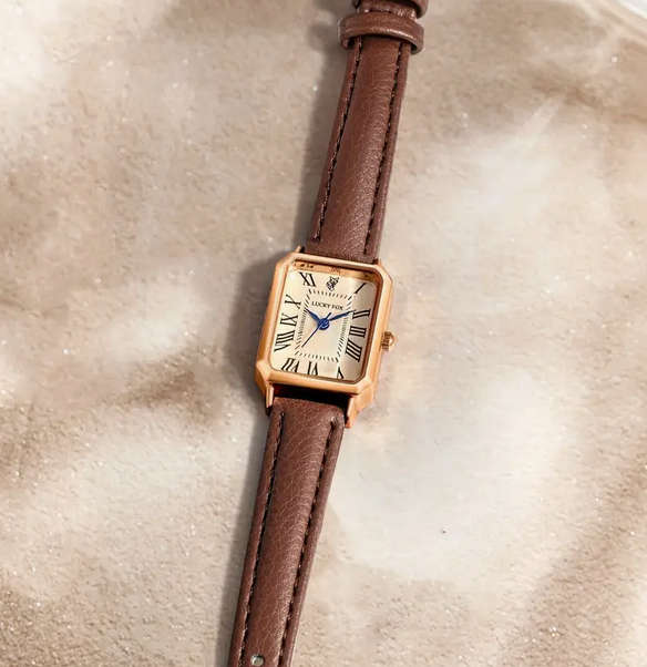 Vintage Style Watch and Bracelet Gift Set - Brown and Rose Gold