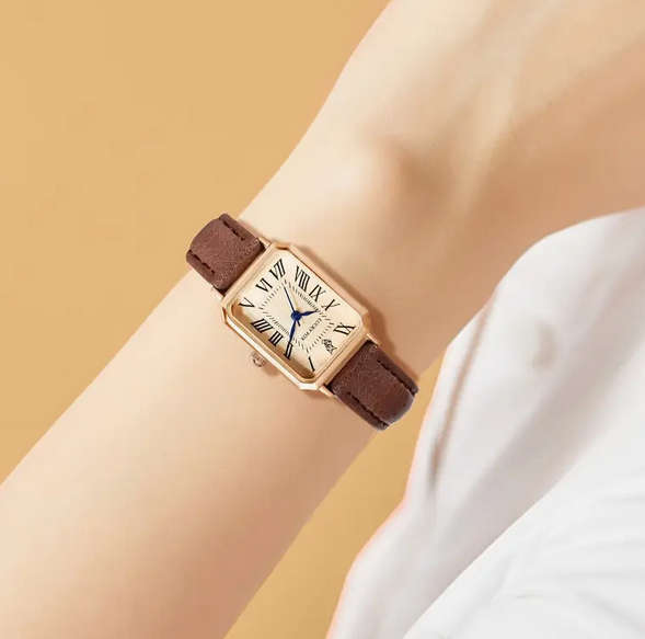 Vintage Style Watch and Bracelet Gift Set - Brown and Rose Gold