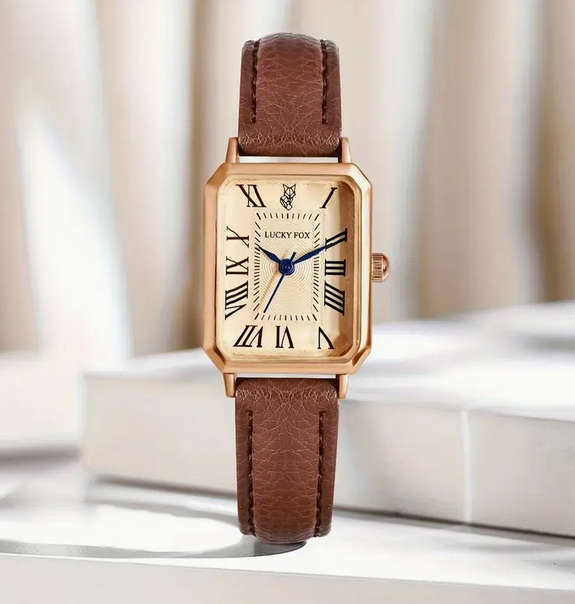 Vintage Style Watch and Bracelet Gift Set - Brown and Rose Gold