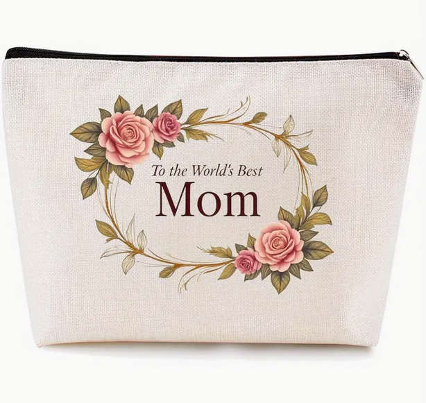 Stylish Canvas Makeup Bag and Engraved Rose Gold Makeup Mirror Gift Set for Mom