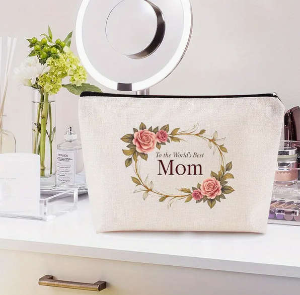 Stylish Canvas Makeup Bag and Engraved Rose Gold Makeup Mirror Gift Set for Mom
