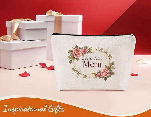 Stylish Canvas Makeup Bag and Engraved Rose Gold Makeup Mirror Gift Set for Mom