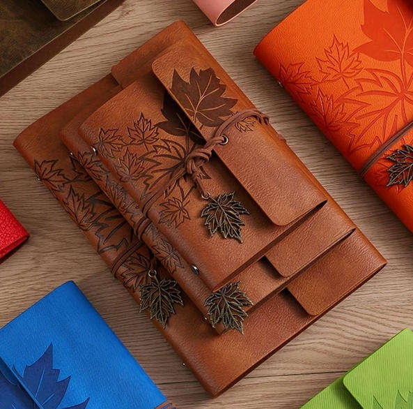 Vintage Maple Leaf Embossed Journal with Wrap Closure - Tan