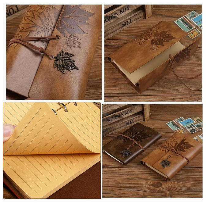 Vintage Maple Leaf Embossed Journal with Wrap Closure - Tan