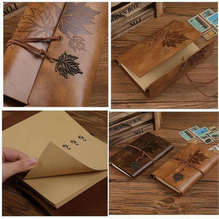 Vintage Maple Leaf Embossed Journal with Wrap Closure - Tan