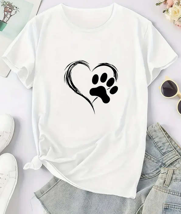 Heart and Paw Print Crew Neck T-Shirt - Large