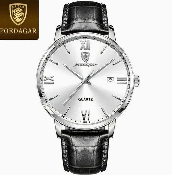 POEDAGAR Quartz Watch with Calendar and Black Leather Strap