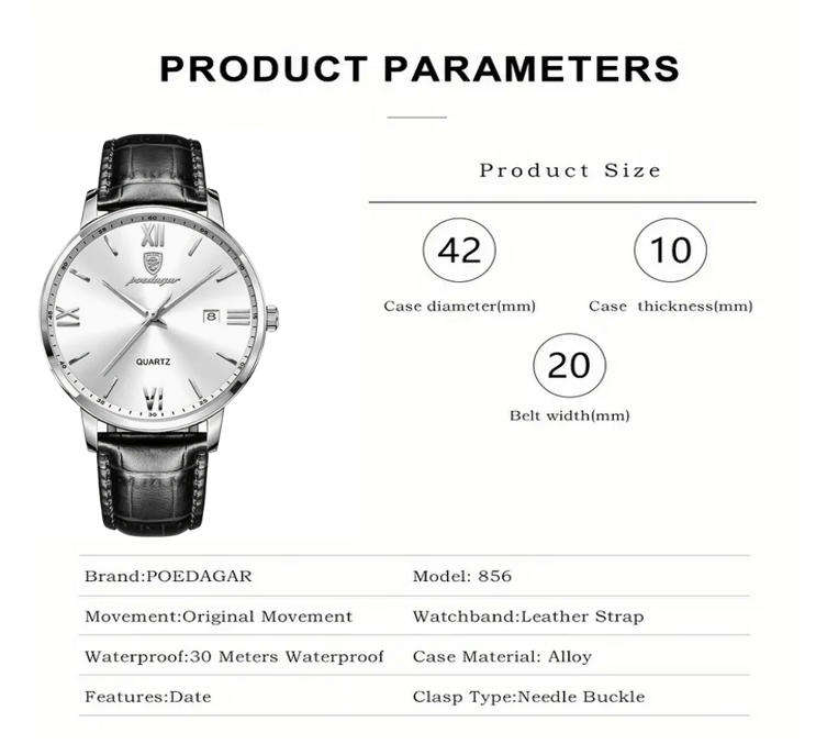POEDAGAR Quartz Watch with Calendar and Black Leather Strap