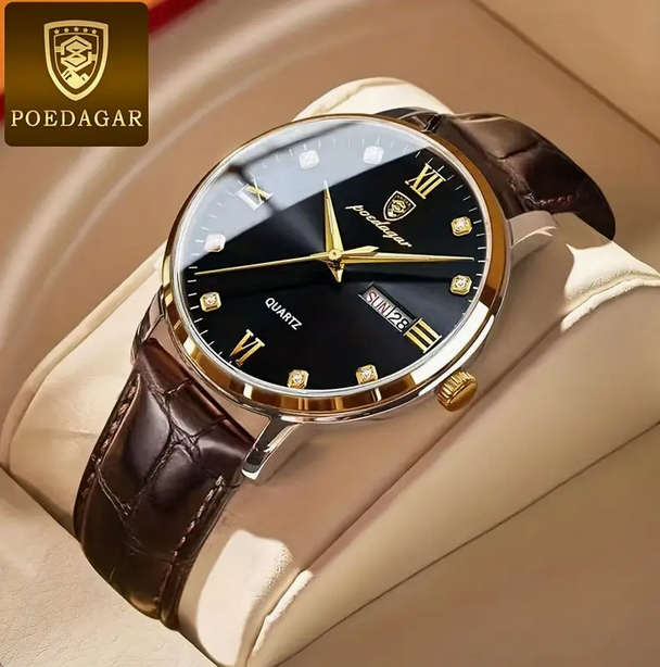 POEDAGAR Quartz Watch with Calendar and Brown Leather Strap