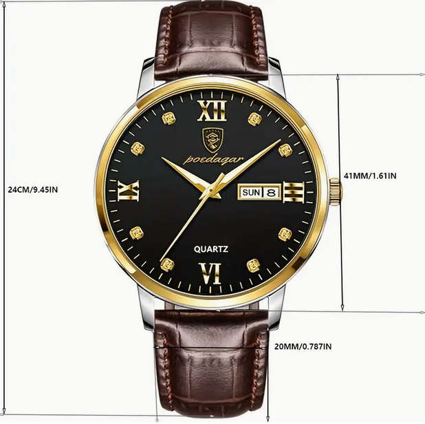 POEDAGAR Quartz Watch with Calendar and Brown Leather Strap