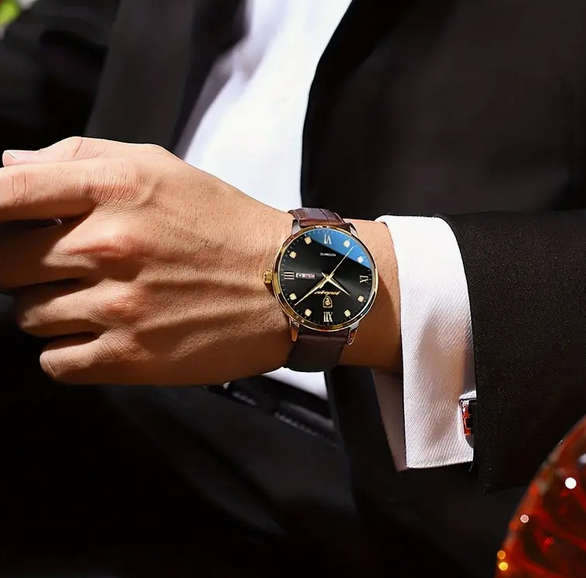POEDAGAR Quartz Watch with Calendar and Brown Leather Strap